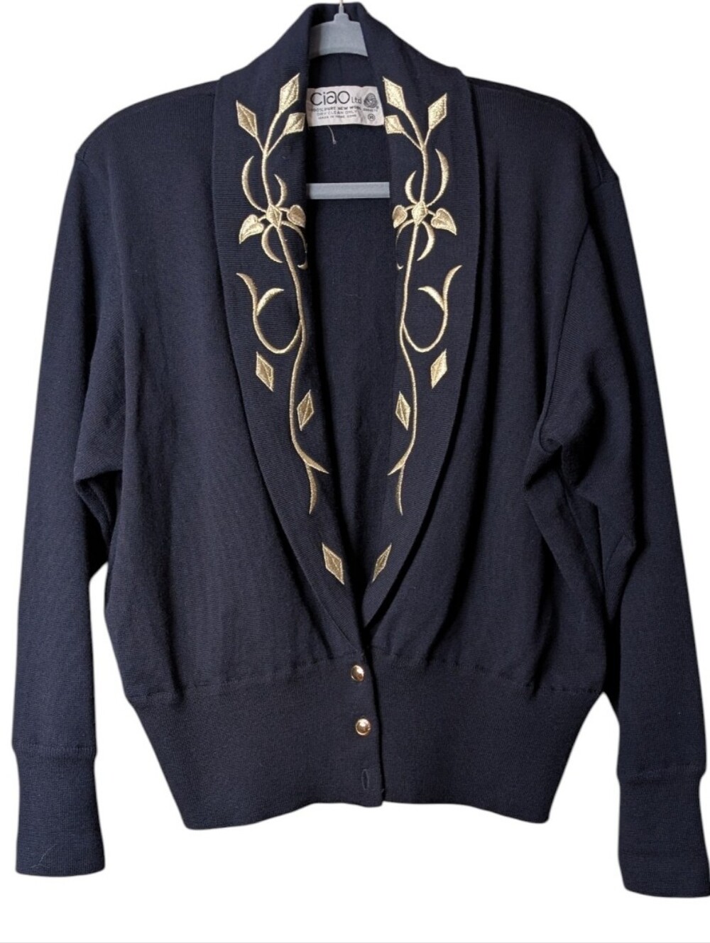 Vintage 80s CIAO Navy wool Cardigan Gold Metallic Floral Embroidery Sweater 14